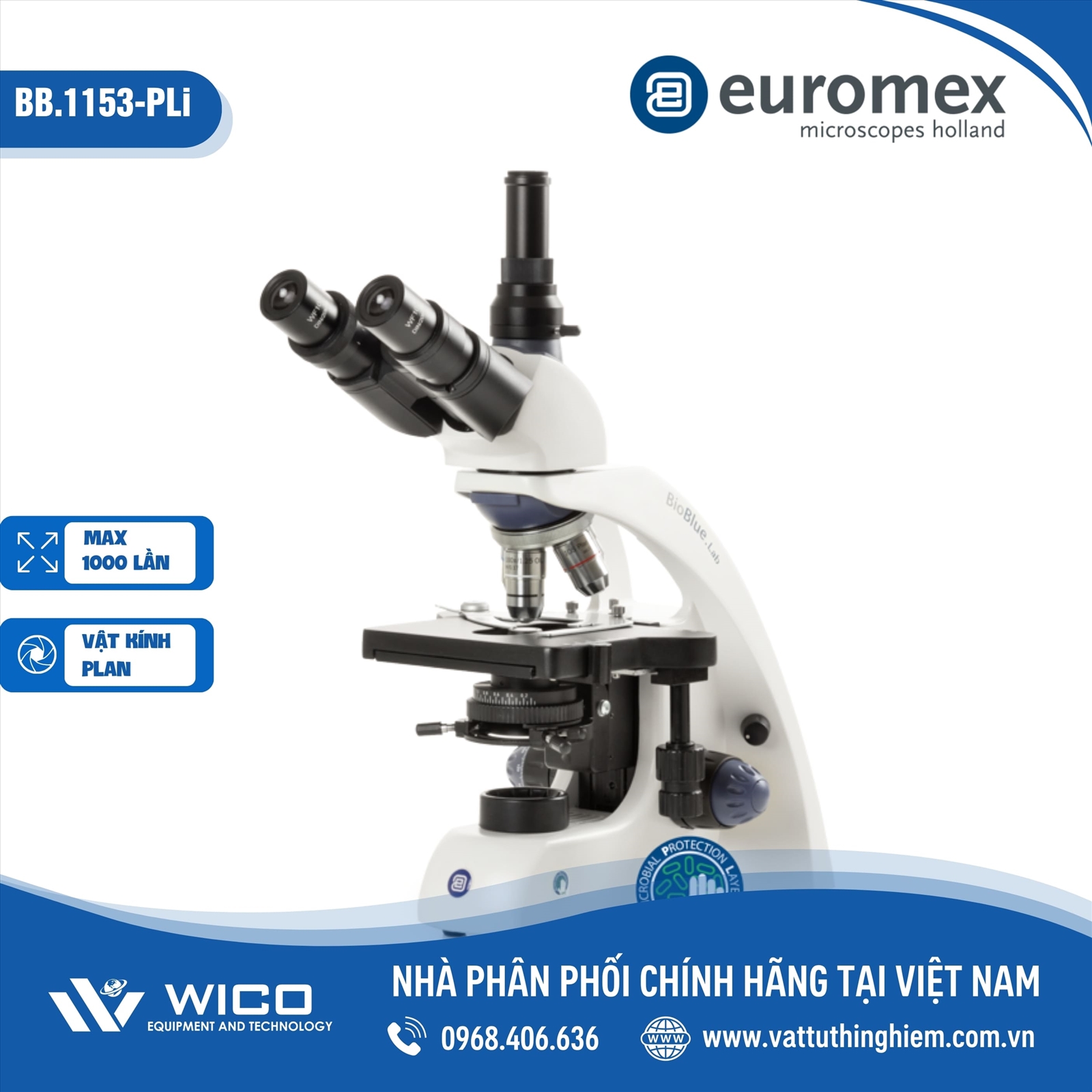 Kính hiển vi 3 mắt Bioblue.Lab có thể kết nối camera (không kết nối máy tính) Euromex