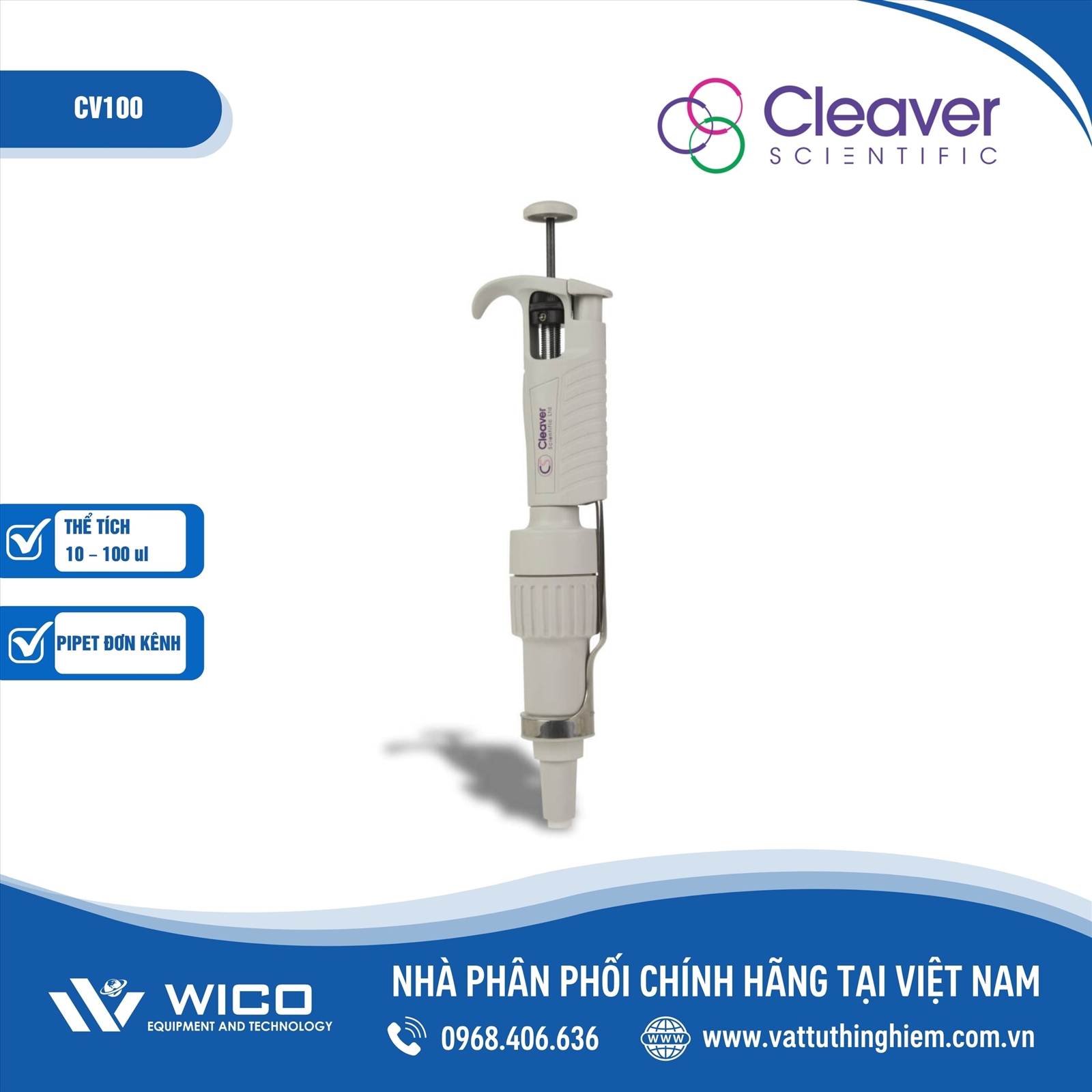 Pipet đơn kênh thay đổi thể tích 10 - 100ul Cleaver Scientific CV100