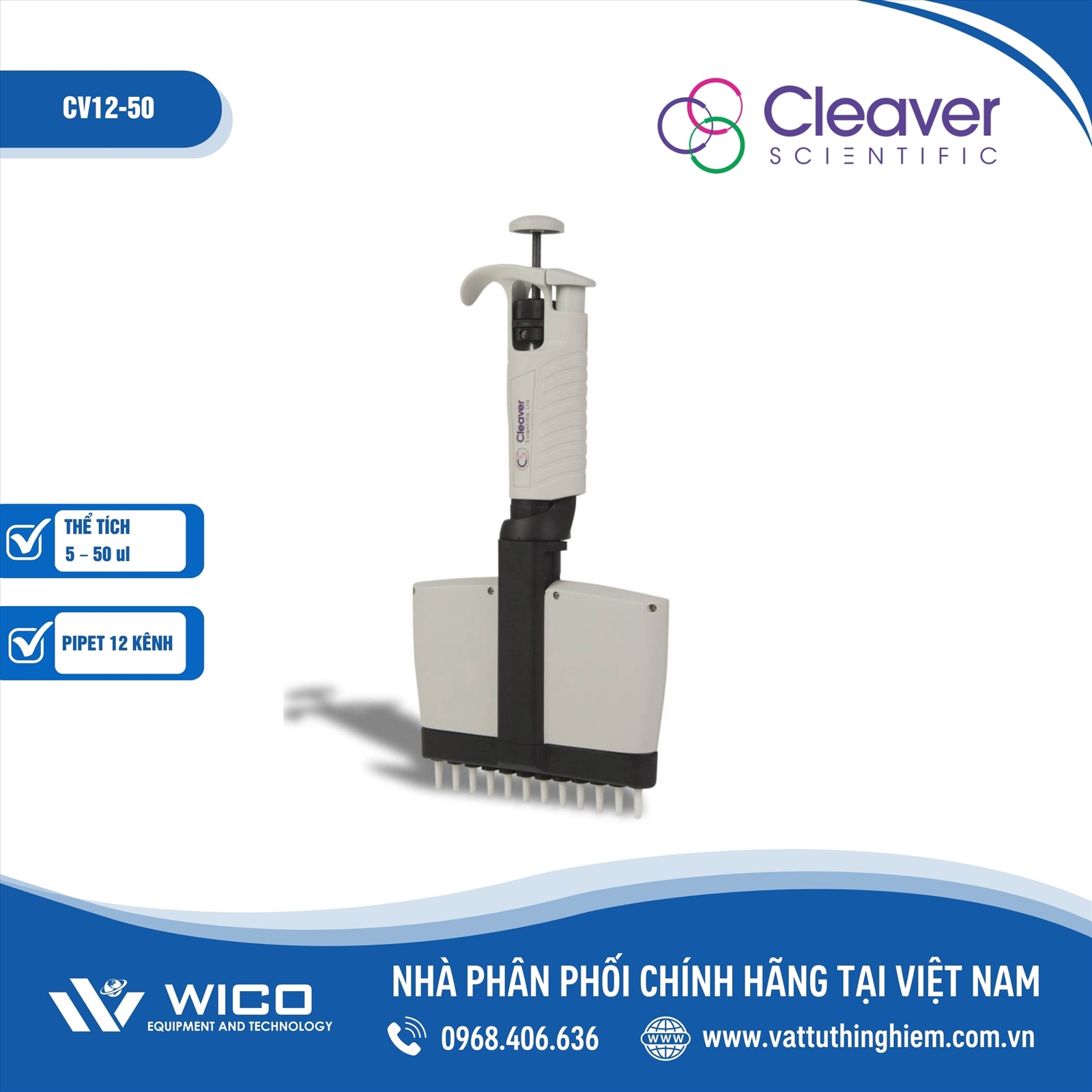 Pipet 12 kênh thay đổi thể tích 5 – 50 ul Cleaver Scientific CV12-50