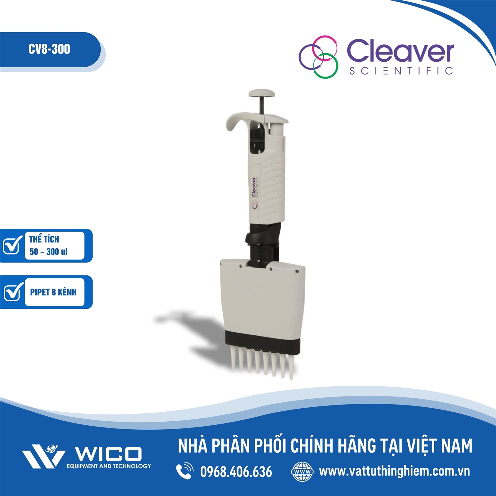 Pipet 8 kênh thay đổi thể tích 50 – 300 ul Cleaver Scientific CV8-300