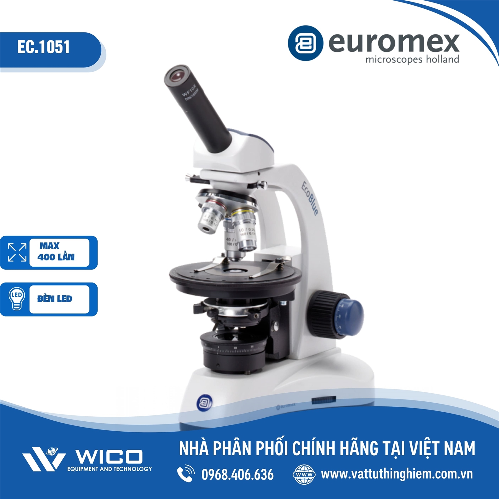 Kính hiển vi 1 mắt Euromex Hà Lan EC.1051 (400X có bàn sa trượt)