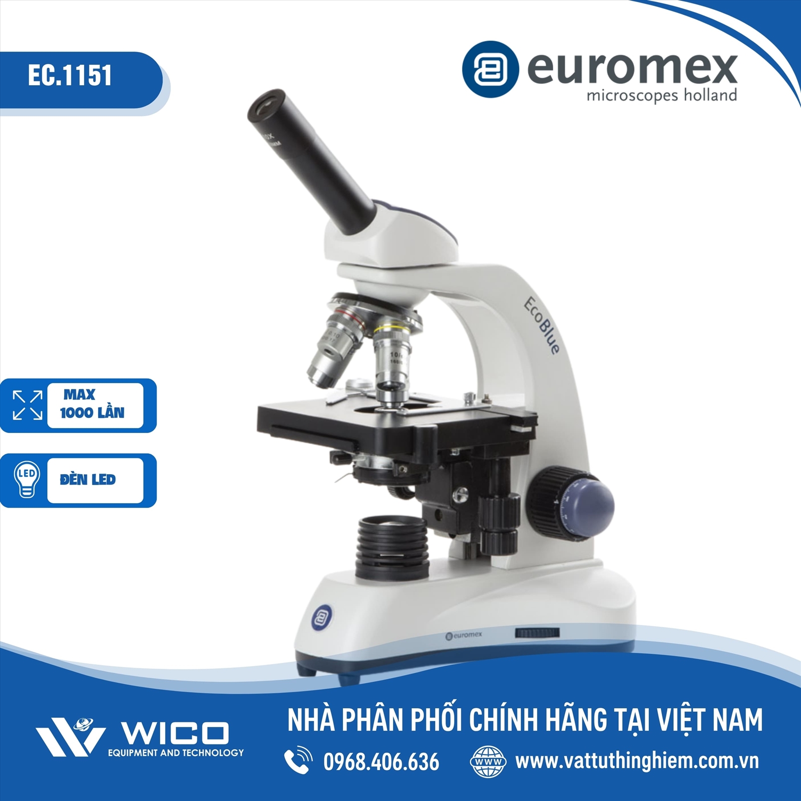 Kính hiển vi 1 mắt Euromex Hà Lan EC.1151 (1000X có bàn sa trượt)
