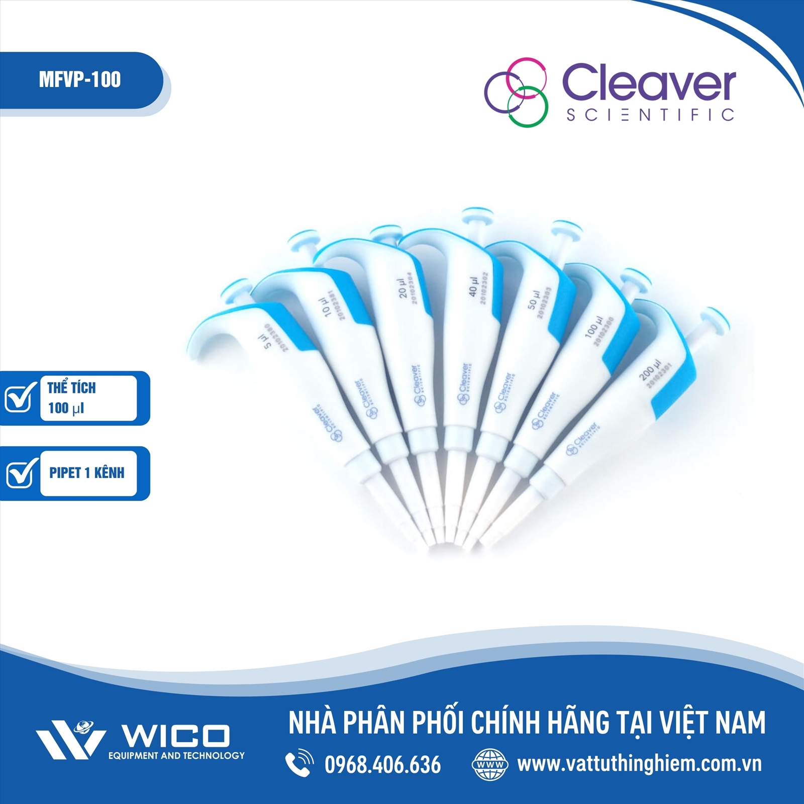 Pipet đơn kênh thể tích cố định 100 ul Cleaver Scientific MFVP-100