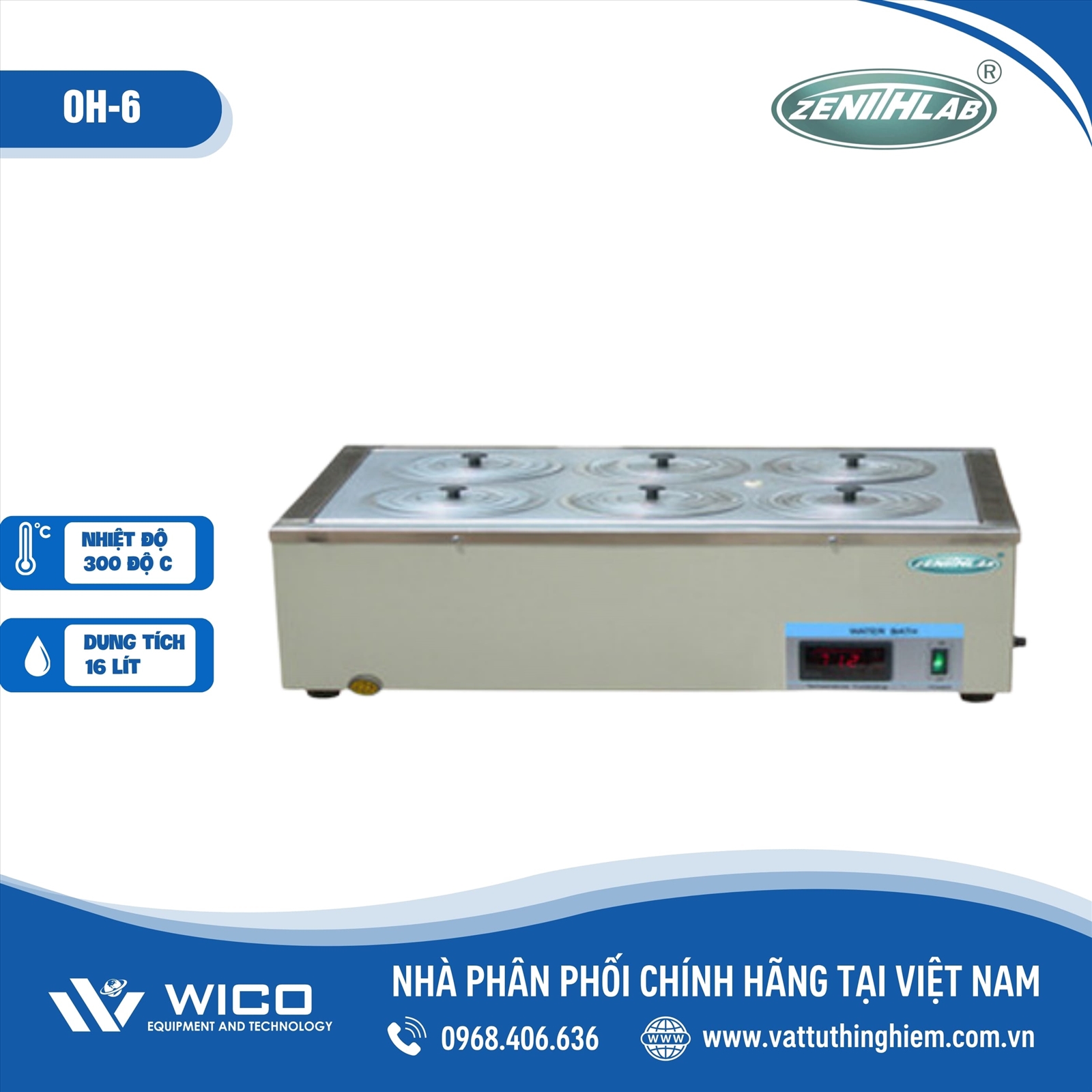 Bể cách dầu 16 lít 300 độ C, 6 vị trí Zenith Lab OH-6