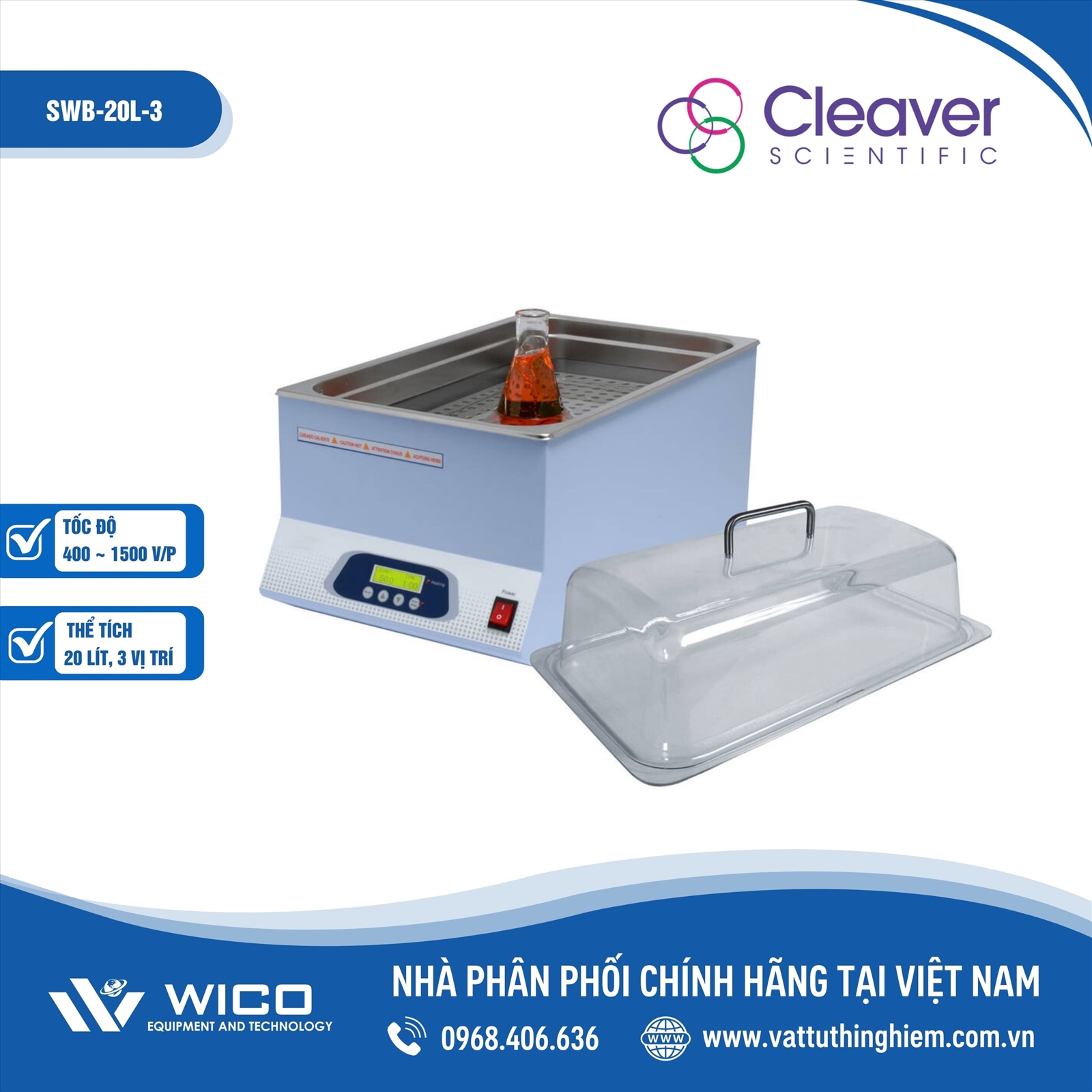 Bể điều nhiệt 20 lít có khuấy từ 3 vị trí Cleaver Scientific SWB-20L-3
