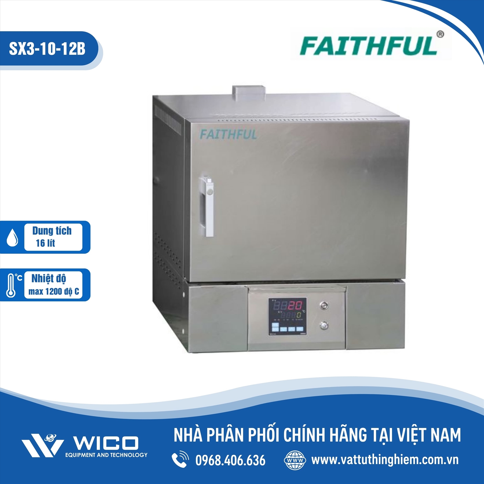 Lò nung thí nghiệm Trung Quốc 16 lít 1200 độ C (Vỏ Inox ) SX3-10-12B (Faithful)