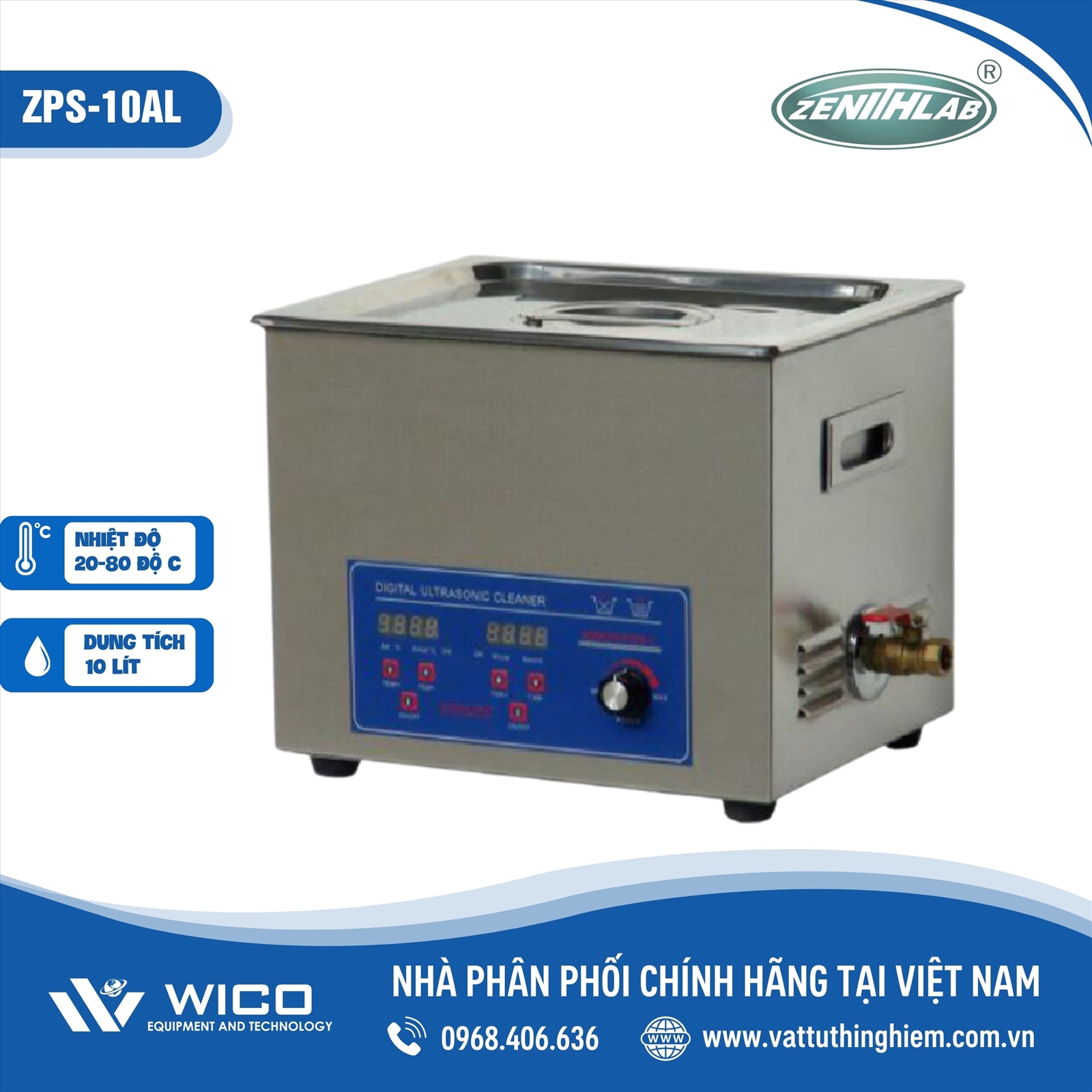 Bể rửa siêu âm có điều chỉnh công suất 10 lít Zenith Lab ZPS-10AL