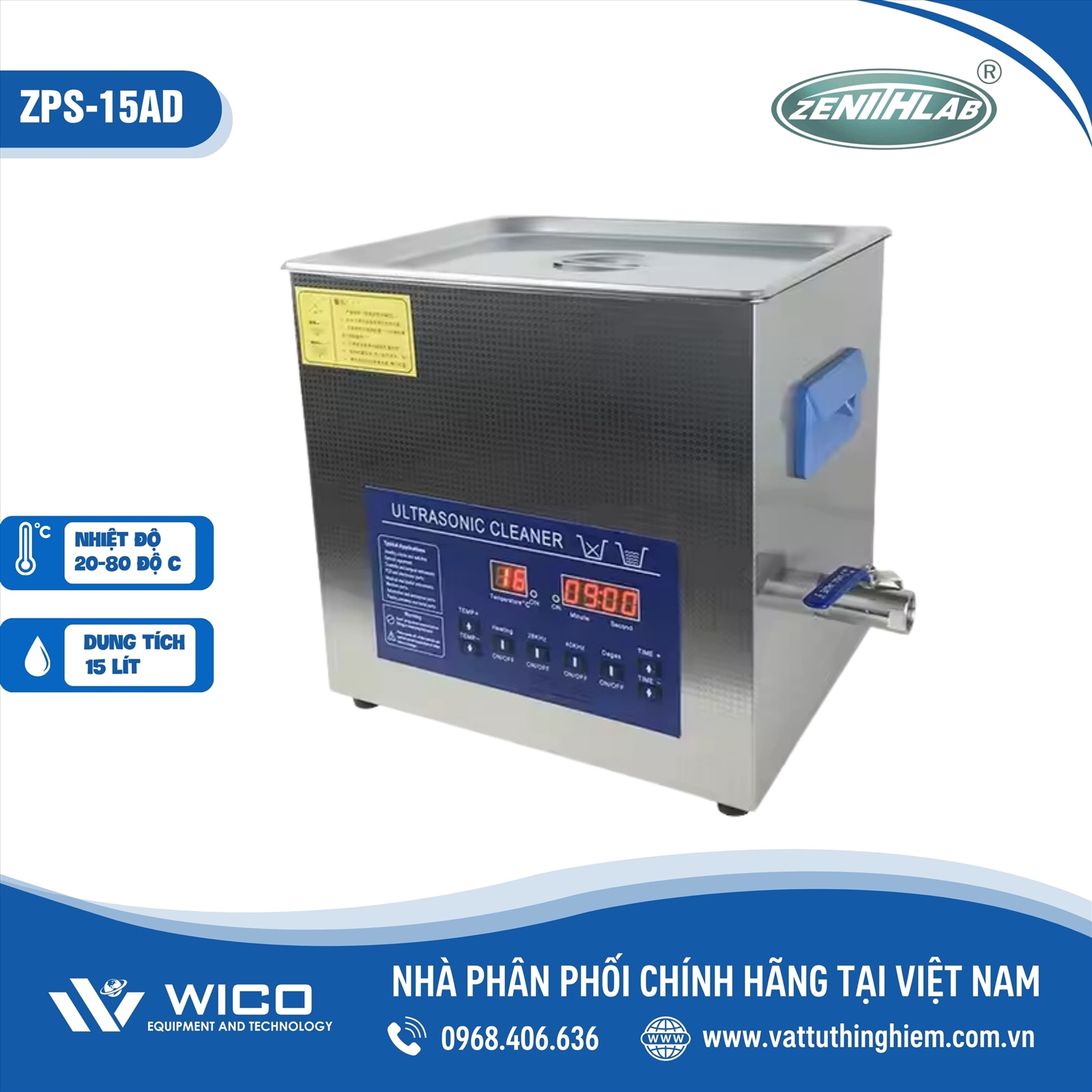 Bể rửa siêu âm 2 tần số 15 lít Zenith Lab ZPS-15AD